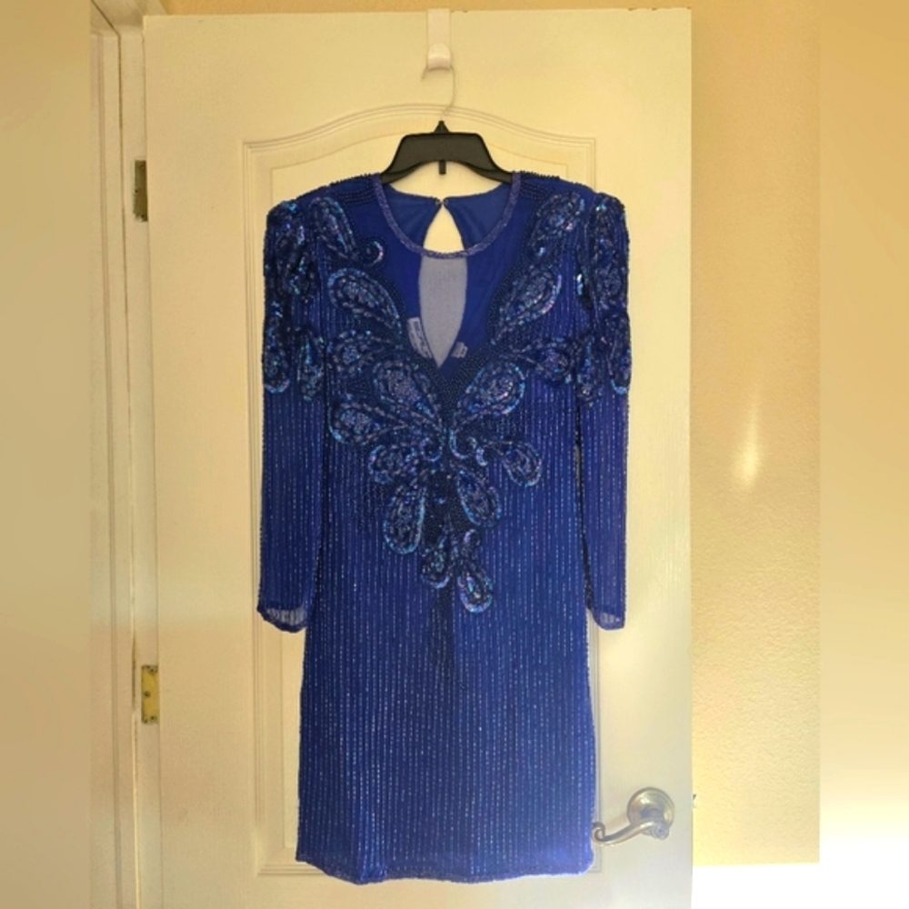 "Scala" Long Sleeve Blue Beaded Dress (vintage)